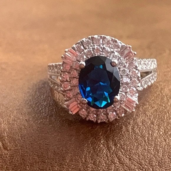 2.45 ct Sapphire & Diamond Sterling Size 7 Princess Diana Cocktail Ring - Picture 4 of 11